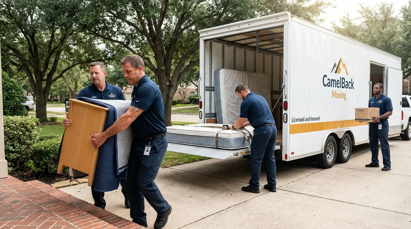 Crew loading residential truck for cross-state move from Maple Park, IL