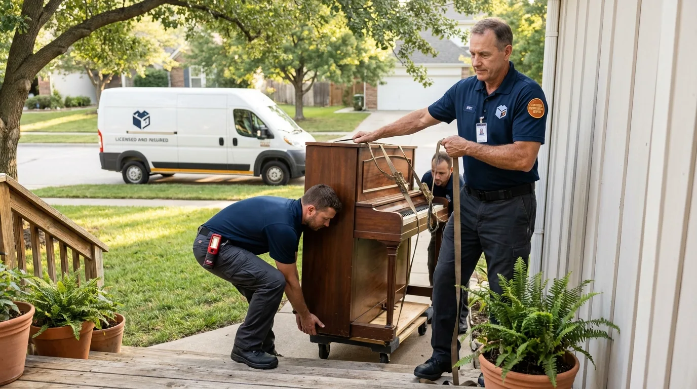 Licensed piano movers securing grand piano in Maple Park, IL